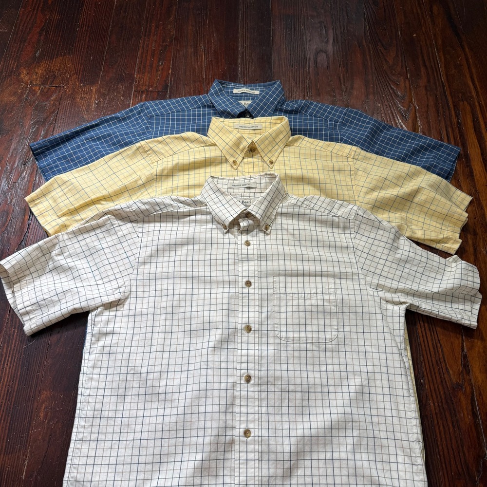 LOT OF 3 LL Bean Shirts Mens M Blue Yellow White Plaid Button Down Short Sleeve
